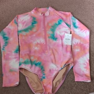 Crewcuts Pink, Peach & Teal Tie-Dye Zip-Front Long Sleeve Swim Sz 10